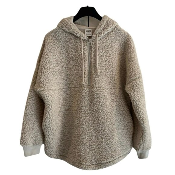 Victoria's Secret PINK Hoodie Teddy Fleece 1/4 Zip Oversized Women's Sz XS‎ - Picture 1 of 6